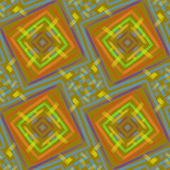 Ethnic seamless hand-drawn pattern. Orange-yellow squares arranged diagonally. Beautiful bright glowing ornament. Oriental motifs. Design of background, fabric, textile, wallpaper, template.