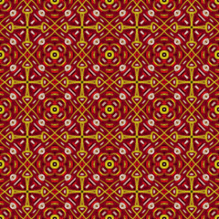 Ethnic seamless hand-drawn pattern. Beautiful red and yellow ornament on a black background. Oriental motifs. Design of background, fabric, textile, wallpaper, template.