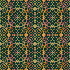 Obraz premium Seamless geometric pattern. Multicolored ornament on a green background, hand-drawn. Oriental, ethnic motifs. Design of background, wallpaper, textiles, fabric, packaging.