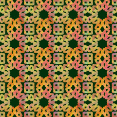 Seamless geometric pattern of mandalas, circles. Multicolored ornament on a dark green  background, hand-drawn. Oriental, ethnic motifs. Design of background, wallpaper, textiles, fabric, packaging.