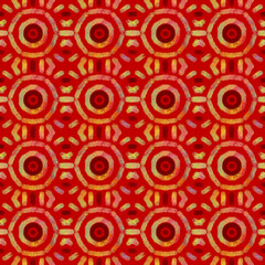 Ethnic seamless handmade pattern. Mandalas, circles, dashes, lines. Beautiful yellow ornament on a red background. Oriental motifs. Design of background, fabric, textile, wallpaper, template.