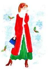 赤いロングコートを着た女性と、背景に雪の結晶とヒイラギ