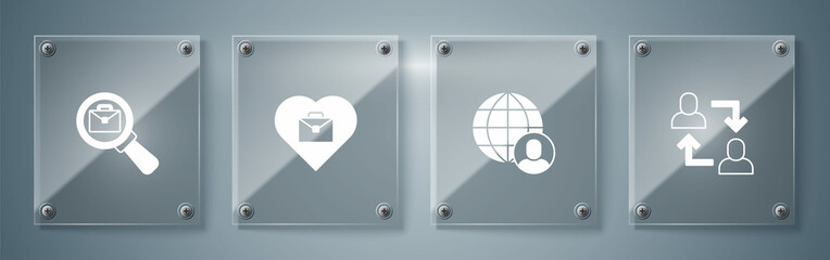 Set Project team base, Freelancer, Heart with text work and Magnifying glass briefcase. Square glass panels. Vector
