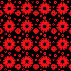 Botanical seamless pattern of red flowers on a black background. Hand-drawn pattern. Design of template, fabric, textile, wallpaper, background.