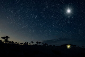 Naklejka premium The star shines over the manger of christmas of Jesus Christ. panorama