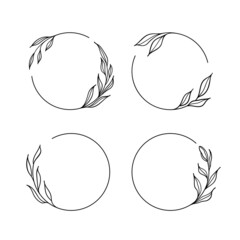 Set of minimal floral wreaths. Vector hand drawn line art graphics for logo & monogram design creation and spring / summer related design.