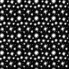Seamless botanical hand-drawn pattern. Small white flowers on a black background. Background, template, fabric, textile, wallpaper design.