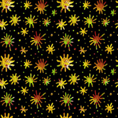 Fototapeta na wymiar Seamless botanical drawing by hand. Small yellow flowers on a black background. Design of background, template, fabric, textile, clothing, cover, packaging, wallpaper.