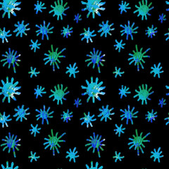 Fototapeta na wymiar Seamless botanical drawing by hand. Small blue forget-me-not flowers on a black background. Design of background, template, fabric, textile, clothing, cover, packaging, wallpaper.