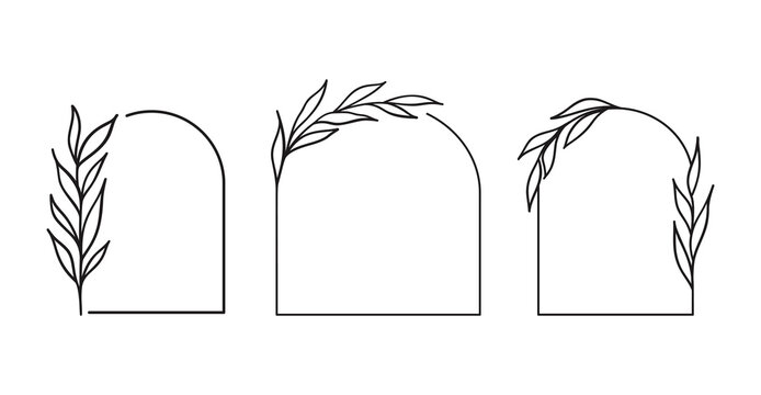 Set of minimal floral frames. Leaves in an arc shape. Vector hand-drawn line art graphics. Logo design. Feminine spring or summer related design. Wedding border.