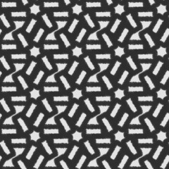 Seamless geometric pattern of mandalas, circles, lines. A white ornament on a black background, hand-drawn. Retro style. Design of the background, interior, wallpaper, textiles, fabric, packaging.