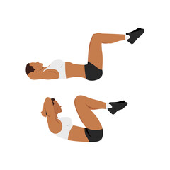 Woman doing double crunches exercise flat vector illustration isolated on white background