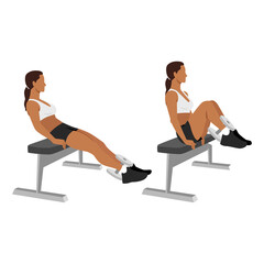 Woman doing dumbbell weighted leg pull-ins exercise flat vector illustration isolated on white background