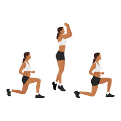 Woman doing explosive jumping alternating lunges exercise flat vector illustration isolated on white background