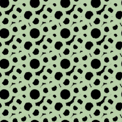 Seamless geometric pattern of circles. Oriental motifs. Green ornament on a black background, hand-drawn. Design of the background, interior, wallpaper, textiles, fabric, packaging.