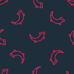 Red line Hunting horn icon isolated seamless pattern on black background. Vector