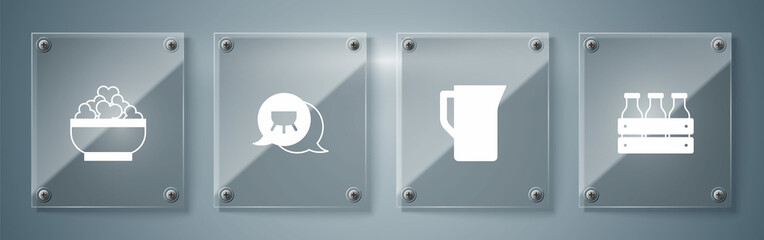 Set Bottled milk in wooden box, Milk jug or pitcher, Udder and Cottage cheese. Square glass panels. Vector