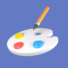 3d cartoon color palette with brush isolated on blue background, color palette with brush. 3d rendering illustration