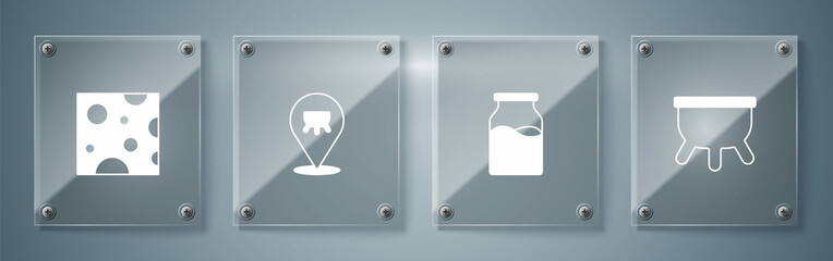 Set Udder, Bottle with milk, and Cheese. Square glass panels. Vector