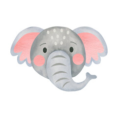 Watercolor elephant face isolated on white background. Animal 