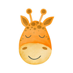 Watercolor giraffe face isolated on white background. Animal.