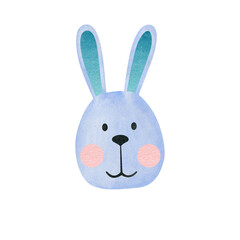 Watercolor blue rabbit face isolated on white background. Animal. 