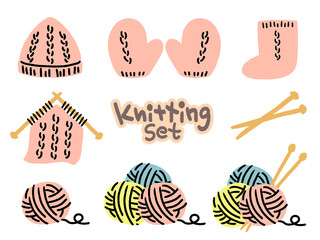 イラスト素材：毛糸玉・編み物セット
