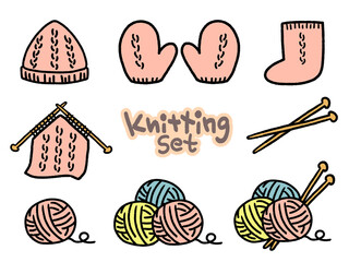 イラスト素材：毛糸玉・編み物セット