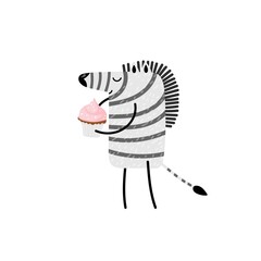 Cartoon funny zebra. African animal. Cute cartoon character. Zebra carries cupcake. Hand drawn Vector illustration on white background For nursery, bedroom decor, greeting card, poster.