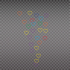 Live like, flying color hearts for stream. Live video and flying likes. Social media elements falling.