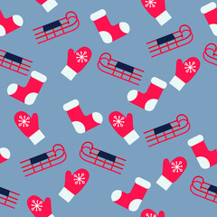vector seamless new year pattern. flat image of a pattern with sledges, mittens and red socks
