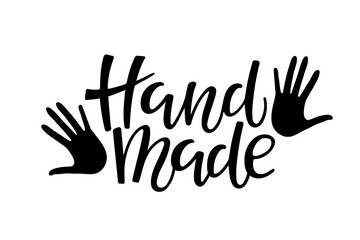 Fototapeta na wymiar Stamp for handmade products. Hands silhouette and Hand made Handwritten Calligraphy lettering. Logo for your product, shop, labels or badges, personal site. Vector black white tag isolated.