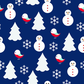 vector seamless new year pattern. flat pattern image with snowman, snowflake, bird, christmas tree on blue background
