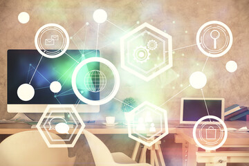 Fototapeta premium Double exposure of social network theme drawing and office interior background. Concept of web.