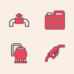 Set Gasoline pump nozzle, Metallic pipes and valve, Canister for motor oil and Oil tank storage icon. Vector