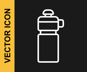 White line Fitness shaker icon isolated on black background. Sports shaker bottle with lid for water and protein cocktails. Vector