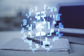 Multi exposure of data theme drawings and desk with open notebook background. Concept of education