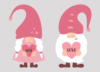 Cute Valentine gnomes couple holds hearts in their hands. Cartoon Valentine's Day set in pastel pink colors. Dwarf Valentines decor. Vector romantic gnomes illustration isolated on grey background.