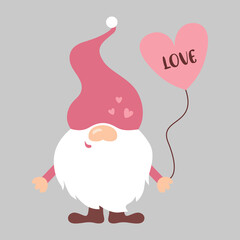 Cute romantic Valentine's gnome holds heart ballon in his hand. Cartoon Valentines gnome in pastel pink colors. Dwarf Valentine's Day decor. Vector illustration isolated on grey background.