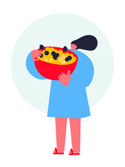 Vector illustration with young woman holding huge sweet  breakfast. Funny colored typography poster, apparel print design, bar menu decoration. Isolated. EPS 10. 