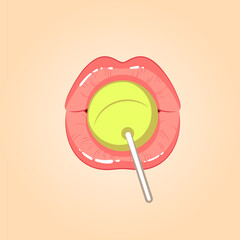 Mouth licking lollipop, female glossy lips and yellow candy on a stick, Illustration in the cartoon style