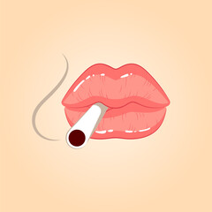 Female sexy pink lips holding cigarette in the mouth, Illustration in the cartoon style