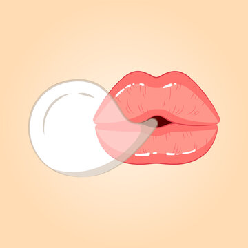 Female pink beautiful lips blowing white gum bubble, Illustration in the cartoon style