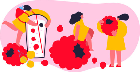 Vector illustration with young tiny woman holding huge berries and fruits. Berries lover concept. Funny colored typography poster, apparel print design, bar menu decoration. Isolated. EPS 10. 