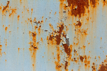 A rusty blue metal wall with fallen paint, a rusty background.