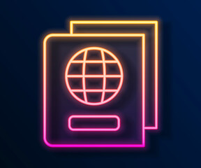 Glowing neon line Passport with biometric data icon isolated on black background. Identification document. Vector