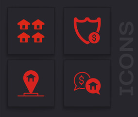 Set Price negotiation, Real estate, Shield with dollar and Location house icon. Vector