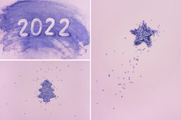 Collage from photos, purple violet trendy colors 2022.