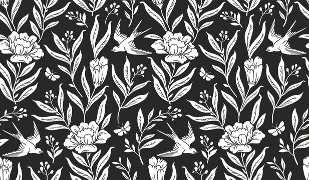 Boho mystical seamless pattern. Vector background with flower, bird and floral elements in trendy bohemian tattoo style.