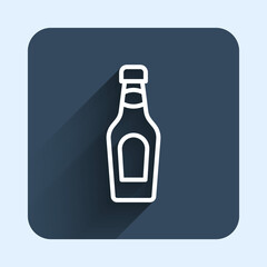 White line Champagne bottle icon isolated with long shadow background. Merry Christmas and Happy New Year. Blue square button. Vector